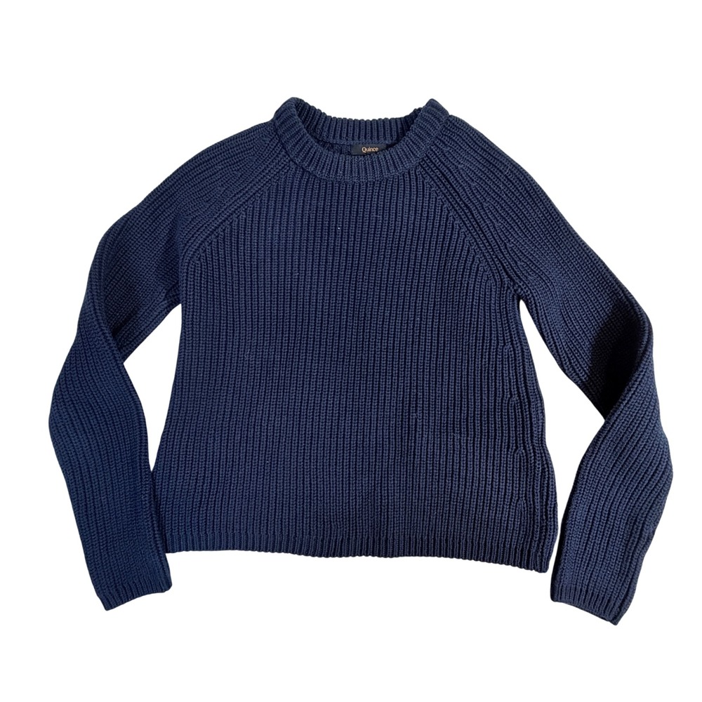 Quince Organic Cotton Fisherman Sweater Size XS Navy Ribbed Crew Neck